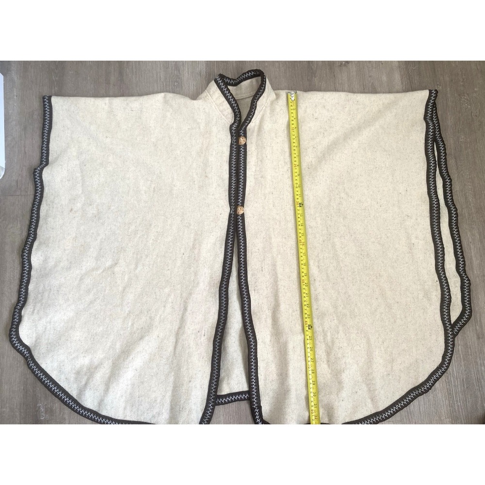 100% Wool Woven‎ Mexican Poncho Natural Button Front OSFM Cream Vintage - Picture 7 of 8
